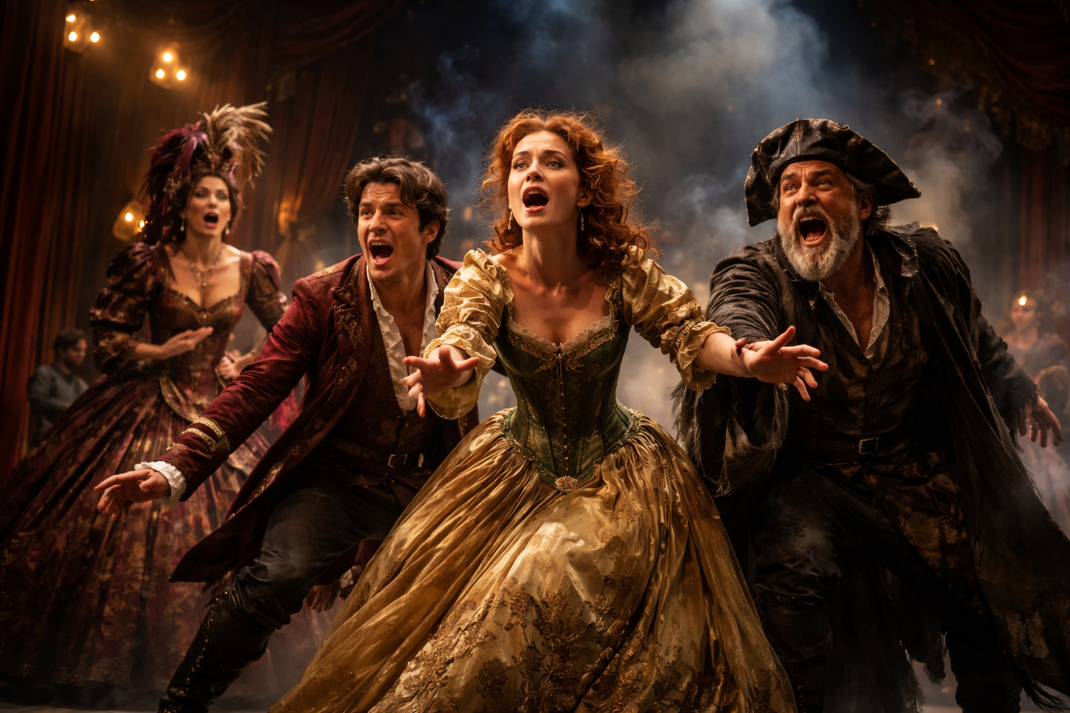 Aktorzy na scenie teatralnej podczas przedstawienia