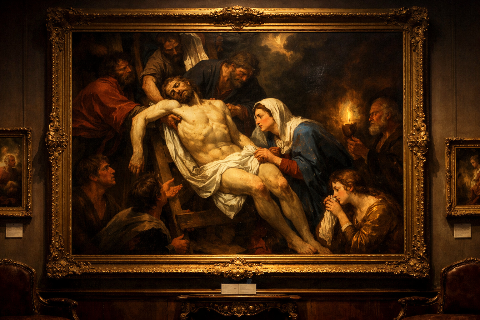 Przykład sztuki barokowej z charakterystycznym dramatyzmem i chiaroscuro