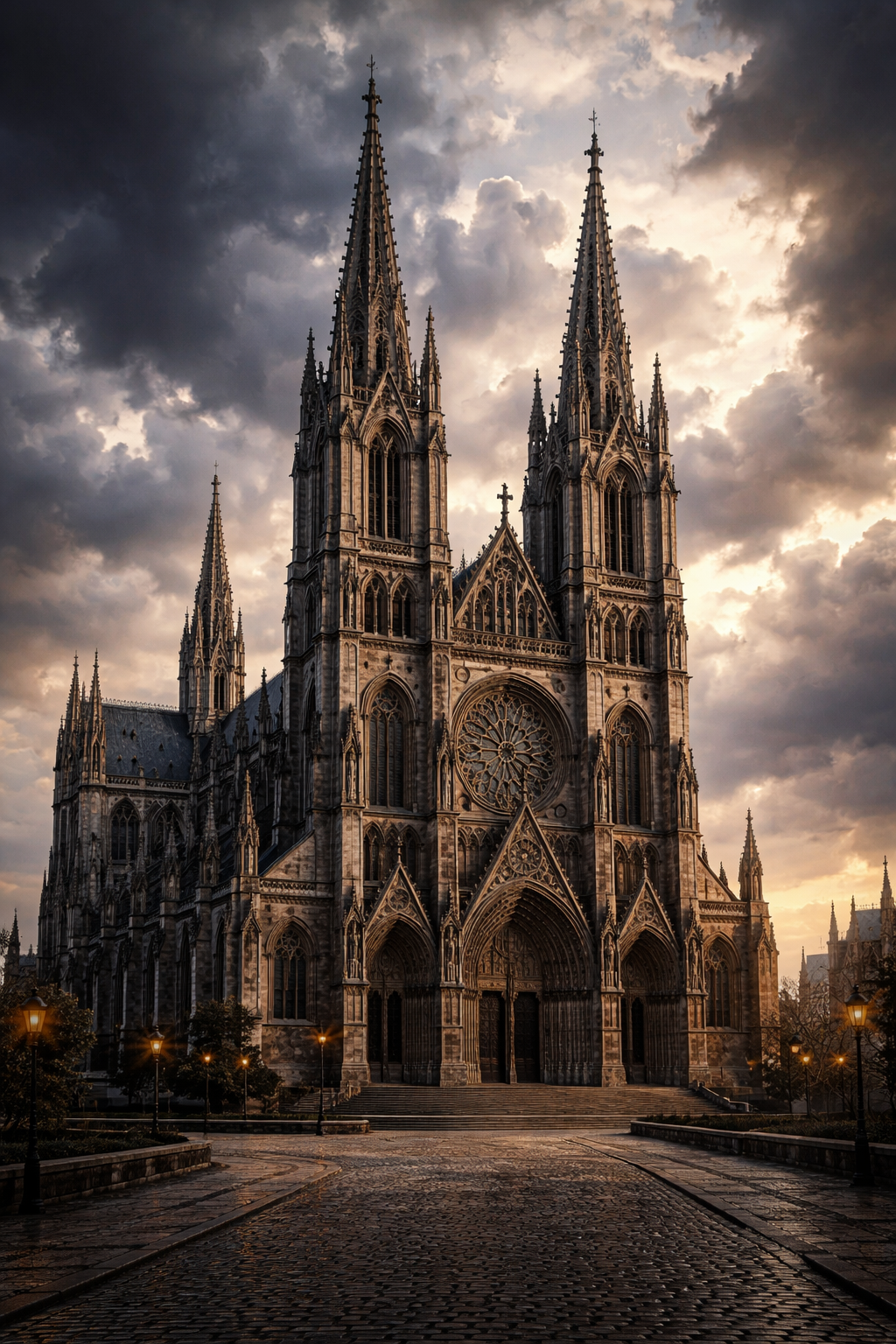 Przykład architektury gotyckiej - katedra ze strzelistymi wieżami