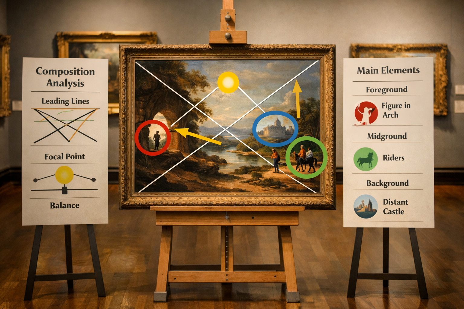 Przykład kompozycji w obrazie z zaznaczonymi głównymi elementami