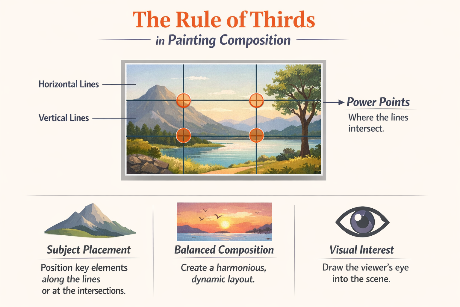Schemat zasady trójpodziału w kompozycji obrazu