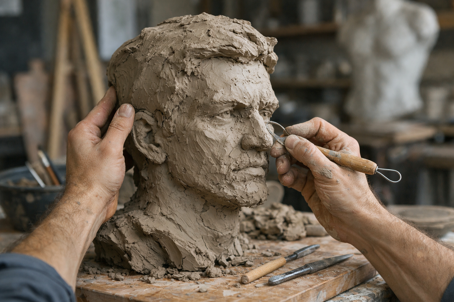 Proces modelowania rzeźby z gliny