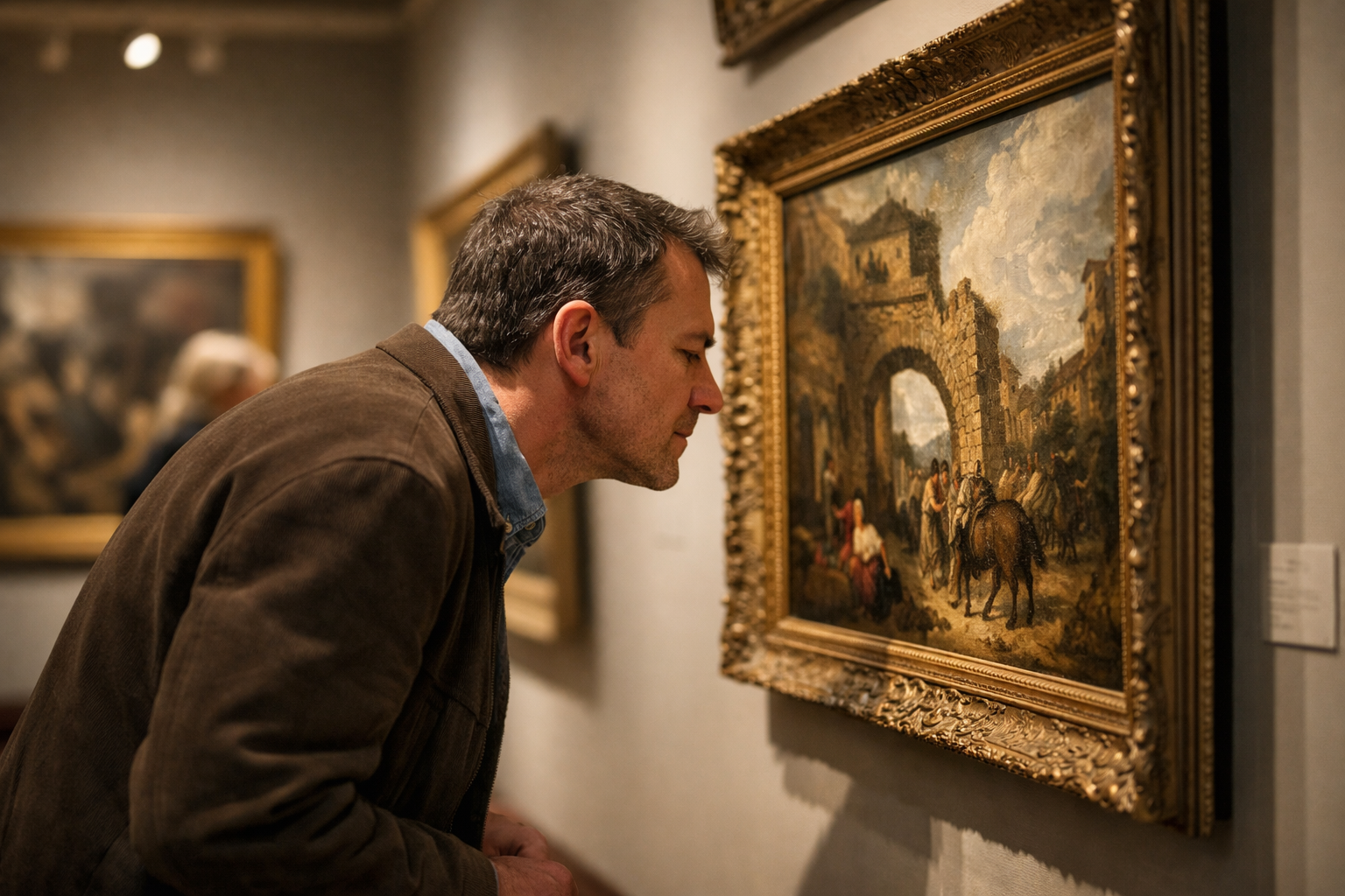 Osoba oglądająca obraz w galerii, zwracająca uwagę na detale