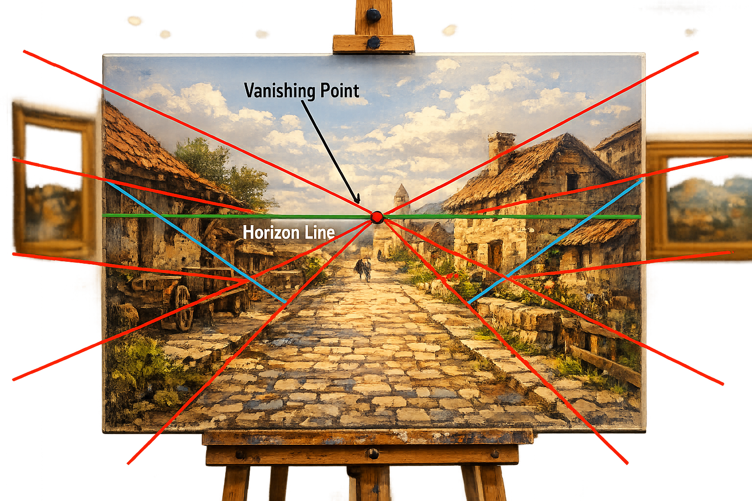 Przykład użycia perspektywy w obrazie z zaznaczonymi liniami zbieżnymi