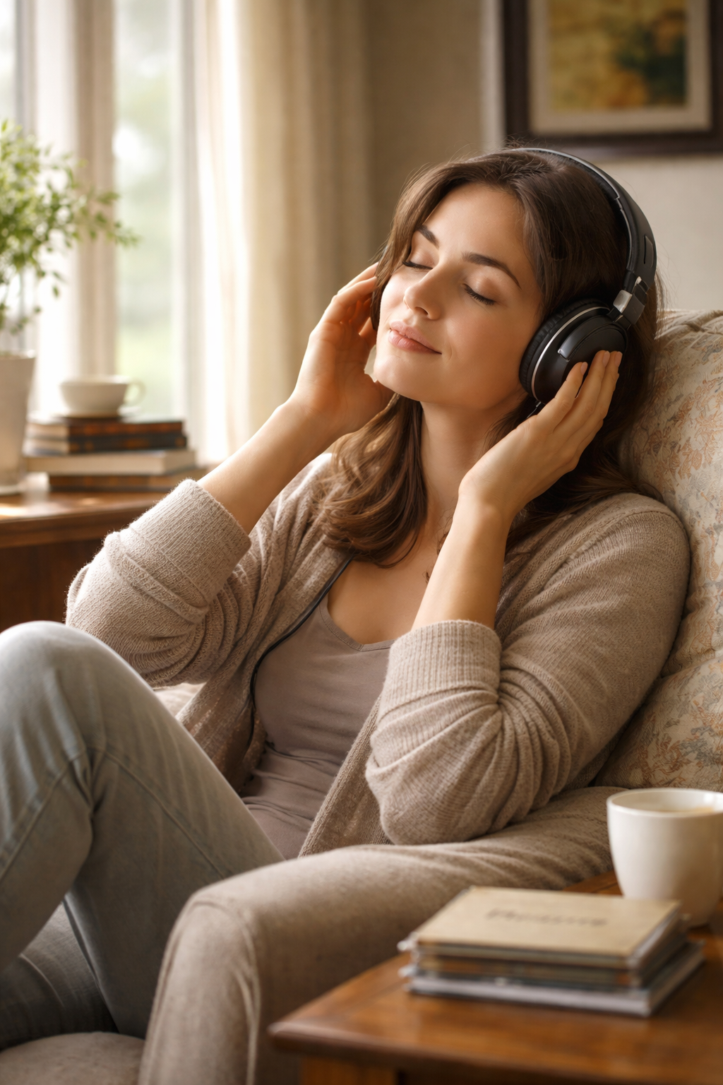 Osoba słuchająca muzyki klasycznej w spokojnym otoczeniu