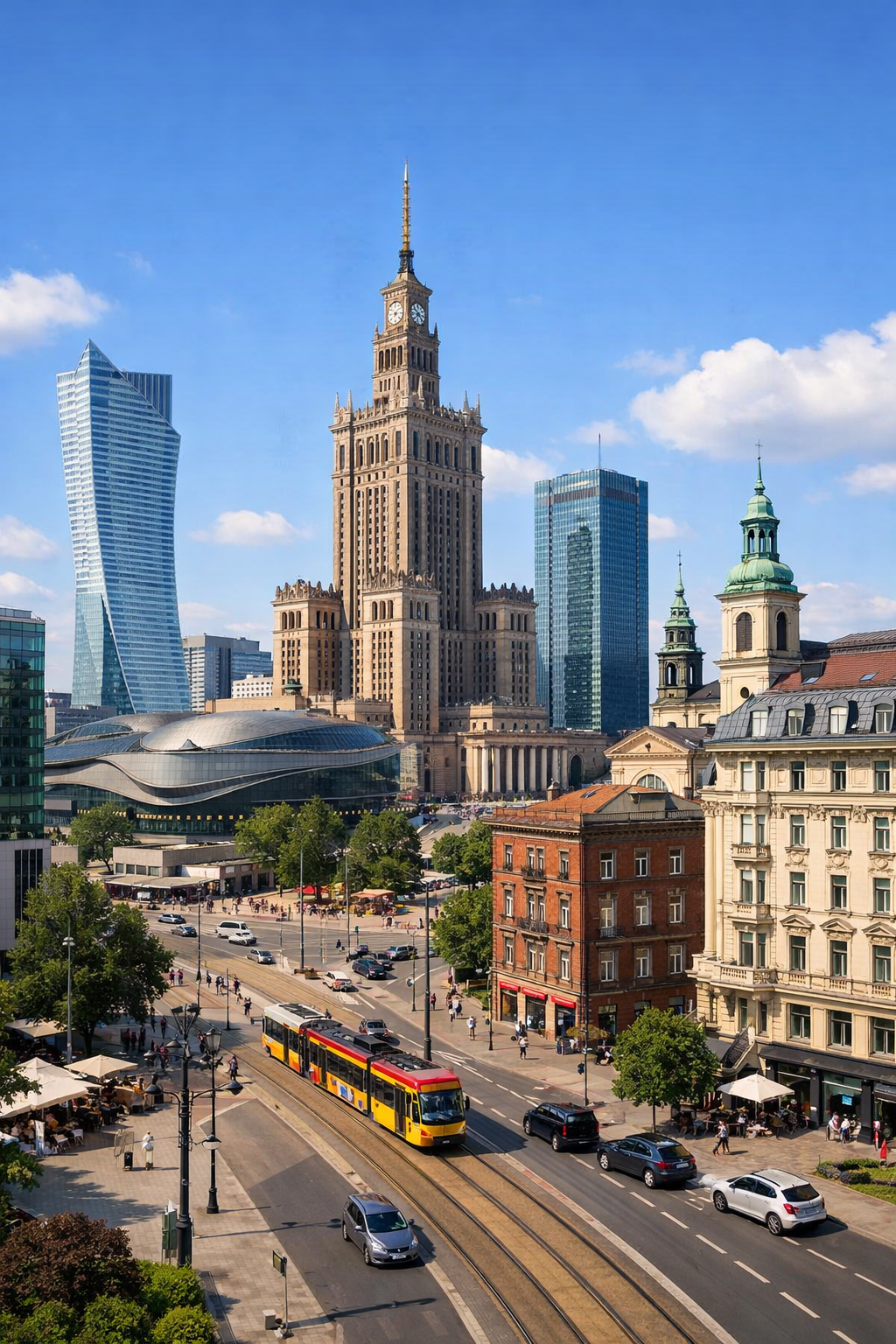 Różne style architektoniczne widoczne w centrum Warszawy